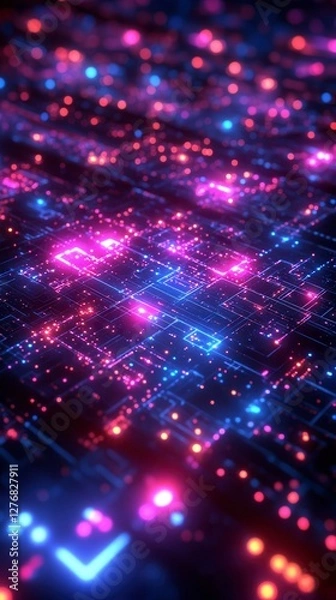 Fototapeta A vibrant, abstract digital landscape filled with glowing lights and intricate patterns, creating a futuristic and energetic atmosphere.