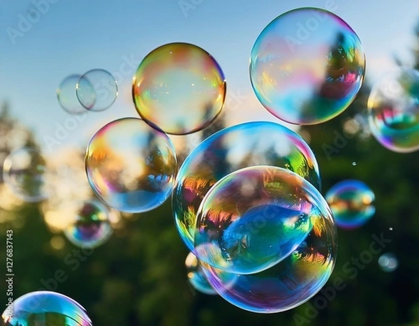 Fototapeta Colorful soap bubbles reflecting nature during sunset in a tranquil outdoor setting