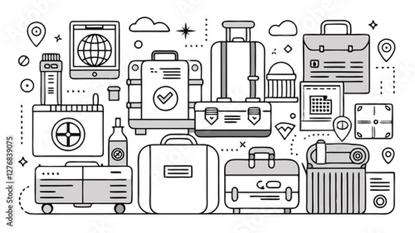 Fototapeta Serene Airport Scene with Colorful Luggage and Airplanes in the Background