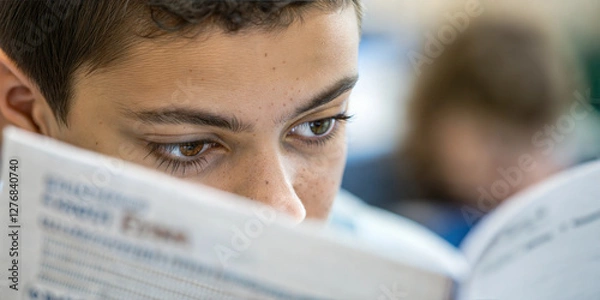 Obraz Boy deeply concentrated while reading a book during study session