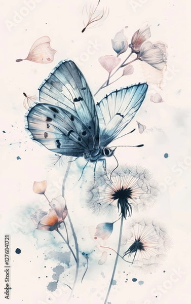 Obraz Serene Watercolor Butterfly Among Delicate Flowers in Soft Pastel Tones