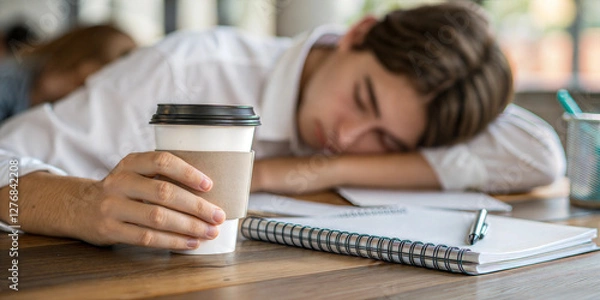 Fototapeta Overworked student resting head on desk with coffee, exhausted from endless studying