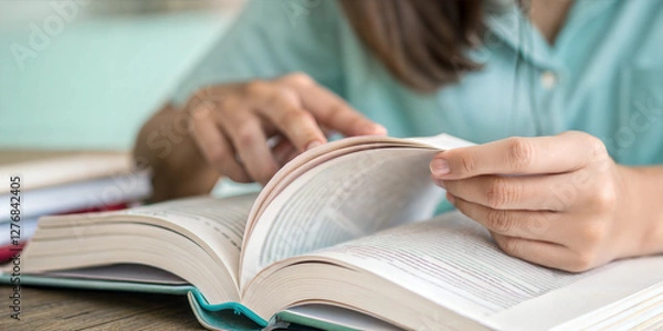 Fototapeta Student reading textbook while studying for exam, focused on learning and knowledge