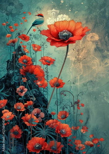 Obraz Graceful Flower Arrangement with Bird, Celebrating Love and Nature's Balance in Vivid Colors and Textures