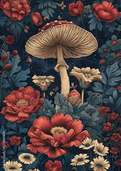 Obraz Graceful Flower and Mushroom Composition in Balance, Evoking Love and Nature's Beauty with a Night Sky Background
