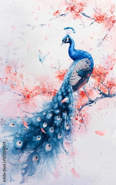Obraz Serene Watercolor Illustration of a Majestic Peacock Resting on a Branch Among Vibrant Pink Blossoms