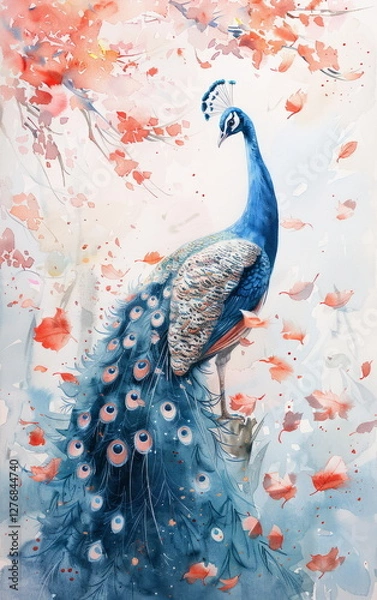 Obraz Serene Watercolor Illustration of a Peacock Surrounded by Delicate Coral Leaves and Soft Pastel Tones