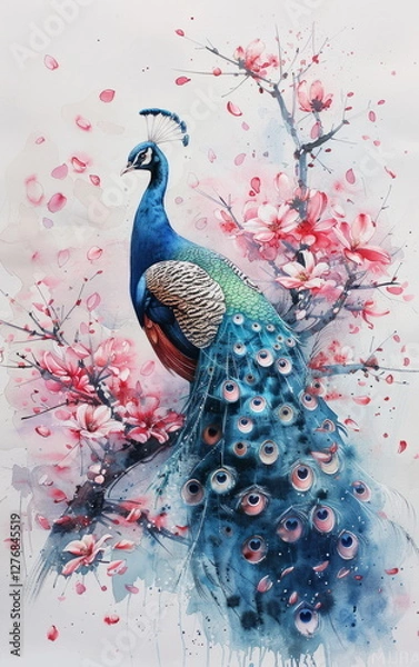 Obraz Serene Watercolor Illustration of a Peacock Surrounded by Blossoming Flowers in Soft Pastel Hues