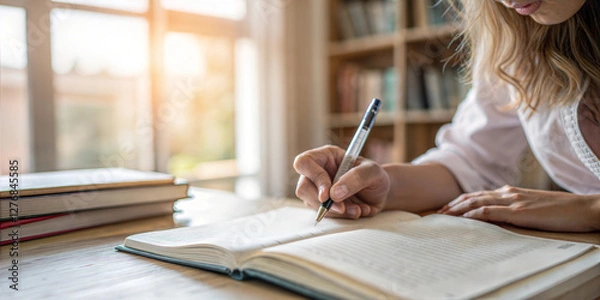 Obraz Student writing in notebook sitting at wooden desk with open books studying for exam