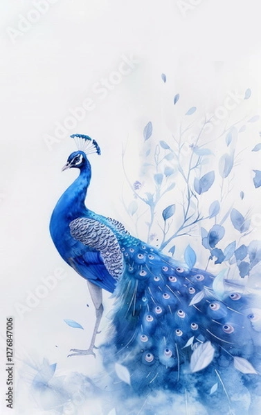 Obraz Serene Watercolor Illustration of a Radiant Peacock Surrounded by Delicate Blue Leaves and Soft Hues