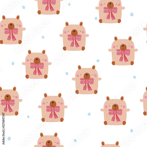Fototapeta Funny bear with red bow. Childish print. Vector hand drawn illustration.