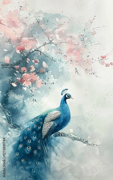 Obraz Serene Watercolor Illustration of a Beautiful Peacock Perched Among Delicate Blossoms