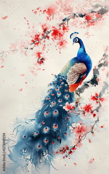 Obraz Serene Watercolor Illustration of a Peacock Among Cherry Blossom Branches in Soft Colors