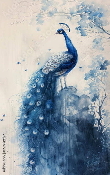 Obraz Elegant Serenity of a Watercolor Peacock in Blue Hues Amidst a Tranquil Nature Setting