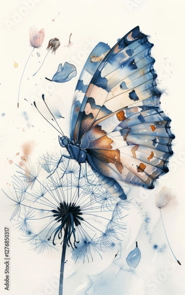 Obraz Serene Watercolor Illustration of a Butterfly Perched on a Dandelion with Soft Floral Accents