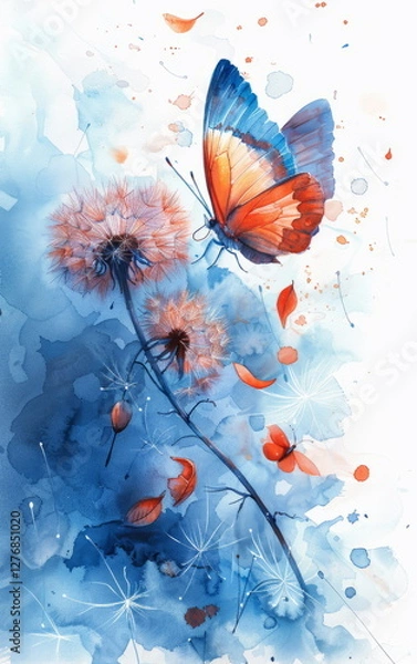 Obraz Serene Watercolor Butterfly and Flower Composition with Blue Tones and Delicate Details