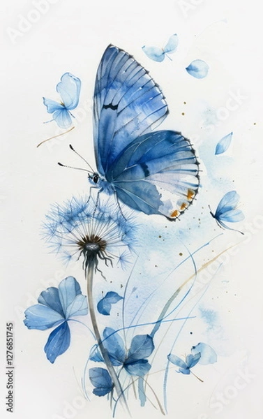 Obraz Serene Watercolor Illustration of Blue Butterfly and Dandelion with Delicate Flowers in Soft Tones
