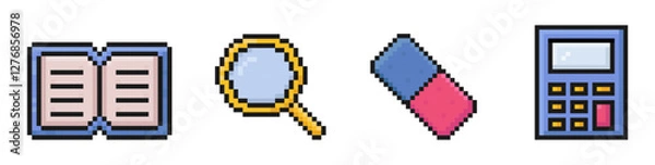 Obraz school supplies pixel art icons, back to school, 80s, 90s, old arcade game item style, magnifying glass, textbook, eraser, calculator, vector illustration