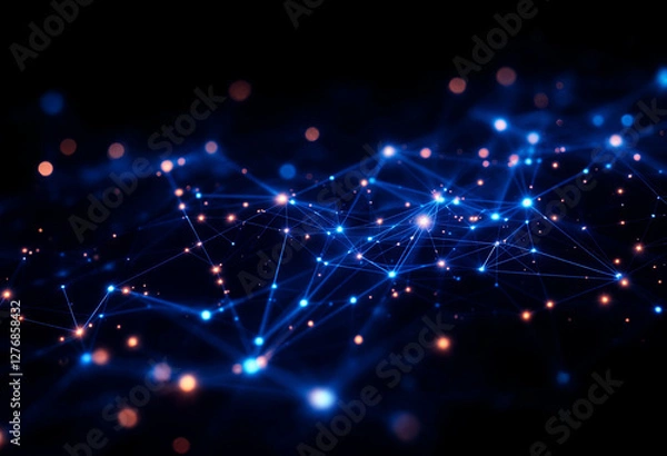 Fototapeta Futuristic glowing blue network or digital grid with interconnected points, representing data flow or technology background