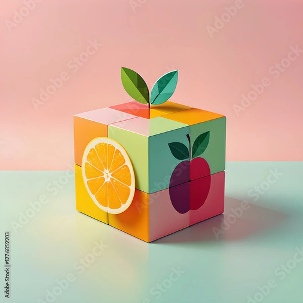 Fototapeta Geometric Fruit Cube: Minimalist Pastel Masterpiece