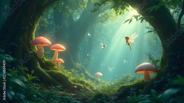 Obraz  Enchanted Forest with Glowing Mushrooms and Fairies