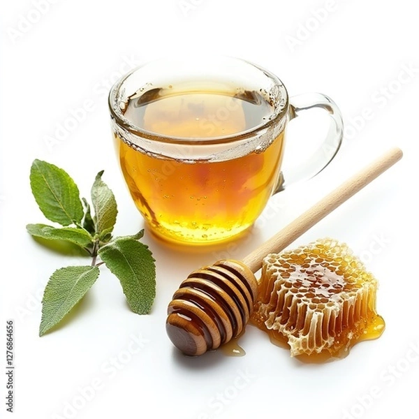 Fototapeta A Sweet Composition of a Glass Teacup Filled with Honey Tea, a Honeycomb, a Wooden Honey Dipper, and Fresh Lavender Sprigs on a White Background - A Natural and Aromatic Still Life


