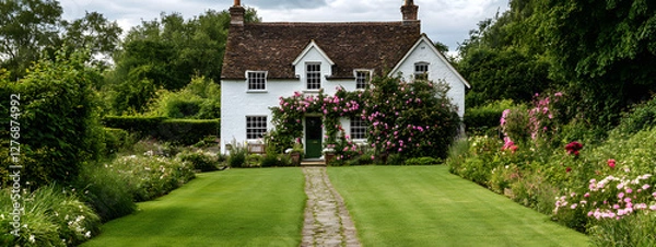 Fototapeta A white brick house with climbing roses, in front of the river
