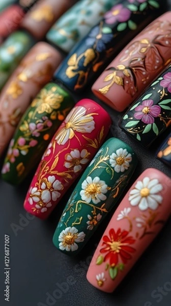 Obraz Nail Art Display Featuring Colorful Floral Designs in Various Styles and Colors