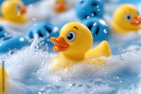 Fototapeta Yellow rubber duckies splashing in soapy water