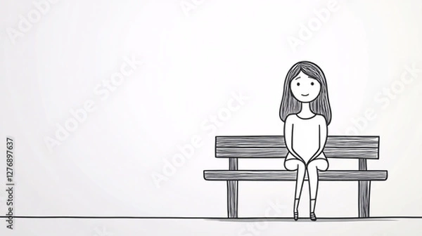 Fototapeta A minimalistic black and white cartoon drawing of a girl sitting alone on a wooden bench with a peaceful expression

