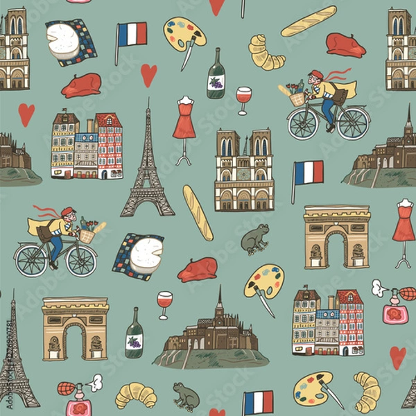 Fototapeta Seamless pattern with hand drawn Paris elements. Vector illustration.