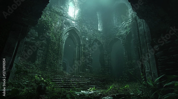 Fototapeta Mysterious Ancient Ruins with Gothic Arches Overgrown by Moss and Glowing Light from Above