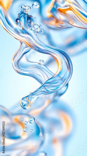 Obraz Abstract swirling blue liquid, bubbles, light background, clean design, perfect for cosmetics