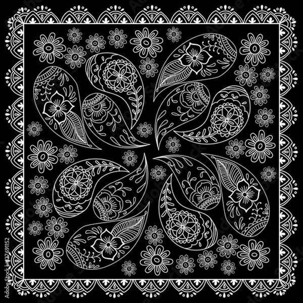 Fototapeta Black and white abstract bandana print with  element henna style. Square pattern design for pillow, carpet, rug. Design for silk neck scarf, kerchief, hanky