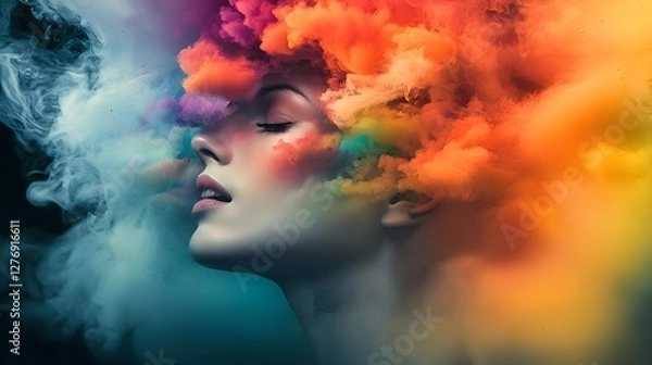 Fototapeta A surreal portrait of a woman with colorful cloud-like hair, blending art and emotion.