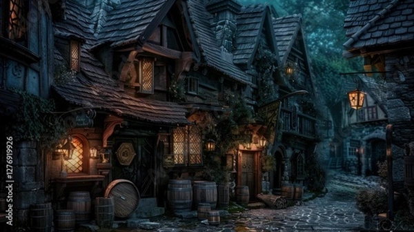 Obraz A dimly lit medieval tavern nestled in a cobblestone alley, exuding warmth from glowing lanterns and rustic wooden beams.