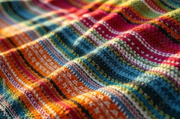Fototapeta Colorful knitted textile with striped patterns and intricate designs