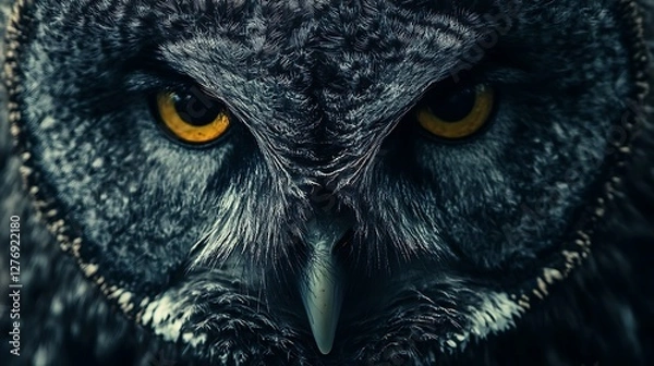 Fototapeta A close-up of an owl's face with its piercing yellow eyes