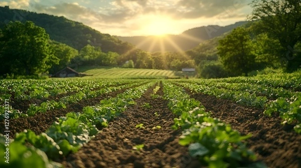 Fototapeta A Lush Eco-Farming Landscape with Vibrant Crops and Emphasizing Sustainable Practices in Harmony with Nature