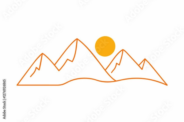 Fototapeta Minimalist line art depicts a mountain range with a bright orange sun in the sky.