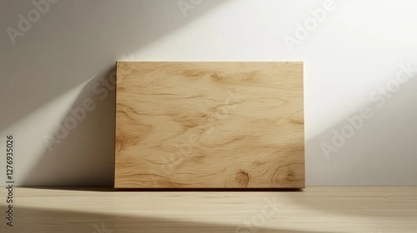 Fototapeta Wooden square panel on sunlit surface with subtle texture and shadows