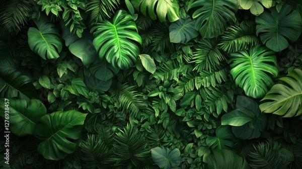 Fototapeta Lush green tropical foliage with varied leaf patterns and textures in dense jungle setting