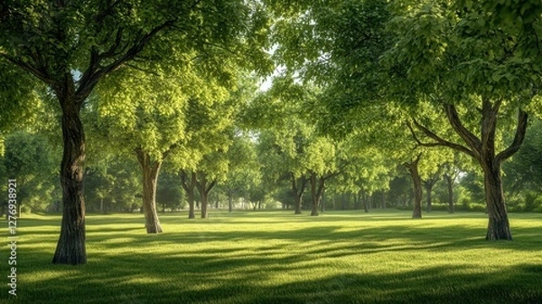 Fototapeta Serene green forest with lush trees and sunlit meadow in peaceful wilderness