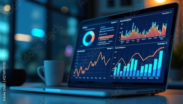 Obraz Business intelligence and analysis reports. Many graphs on reports and laptop display