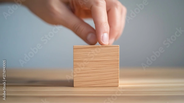 Fototapeta Hand carefully positioning wooden block, representing strategic planning and calculated decision making