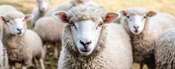Fototapeta Flock of sheep grazes peacefully in a rustic farm setting alive with nature. Detailed closeup of brown and white sheep herd. Concept of sheep farming and herding. Open-air sheepfold. Farmhouse