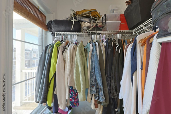 Fototapeta Vêtements suspendus sur rail dans une chambre moderne, gros plan