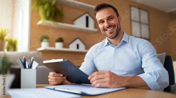 Fototapeta Successful Entrepreneur in Modern Office: Happy Businessman with Tablet in Contemporary Workspace