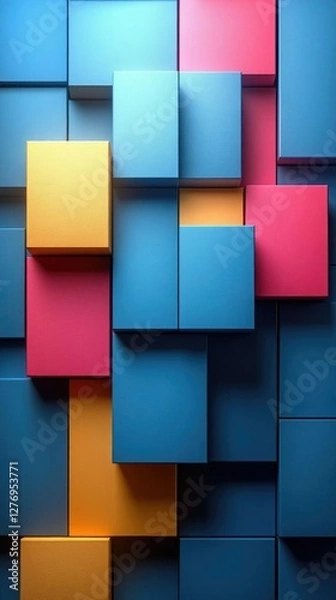 Fototapeta Abstract Cube Pattern: Blue, Red, Yellow 3D Blocks Design