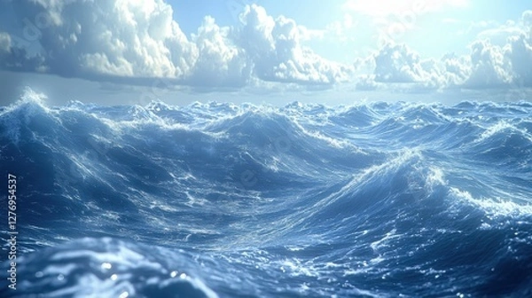 Fototapeta Majestic ocean waves under cloudy sky with bright sunlight